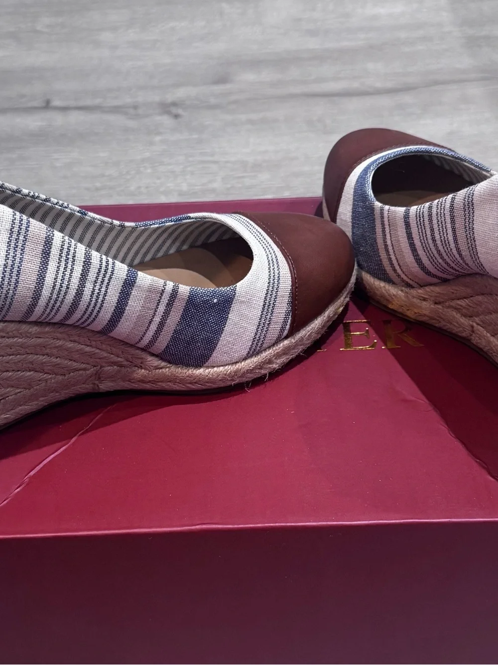 G.H. Bass & Co. Blue and White Striped Espadrille Wedge with Brown Cap Toe